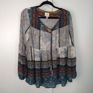 Knox Rose Semi Sheer Paisley Floral Peasant Blouse S M Boho Multi Print Neck Tie